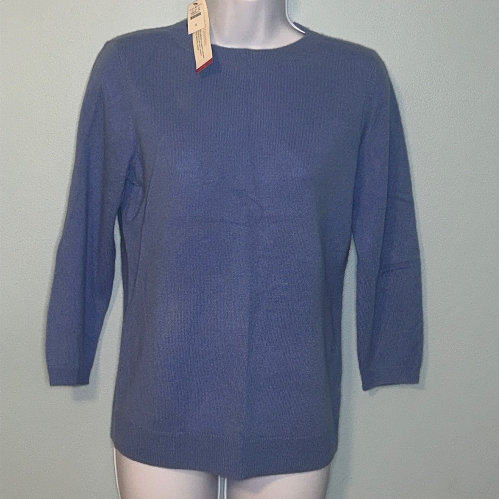 NWT Talbots Lightweight Blue Crew Neck 3/4 sleeve 100% Cashmere Sweater, Small